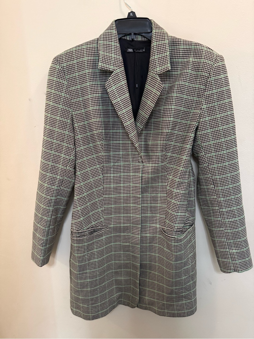 Zara Plaid Blazer Dress Houndstooth LARGE Black Ivory Green NWoT Preppy